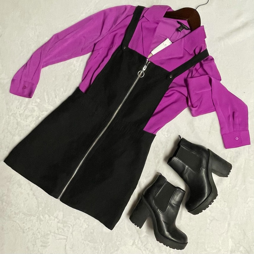 Suede Black Romper Skirt, Zipper Front